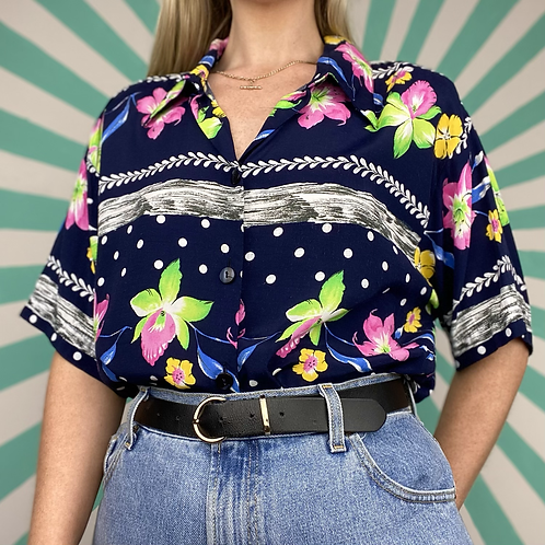 Vintage Navy Hawaiian Blouse 