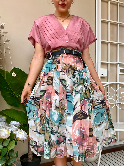 Pink Floral Pleated Skirt