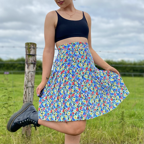 Blue Floral Pleated Skirt